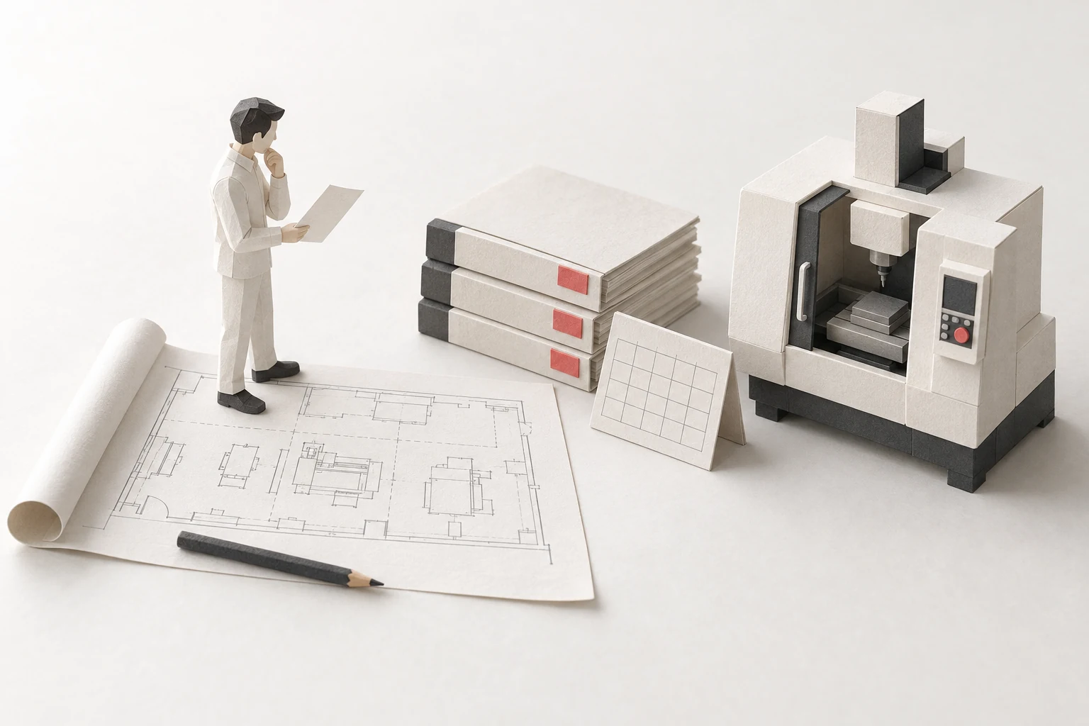 計画書や図面をもとに投資を検討する様子を表した生成イラスト