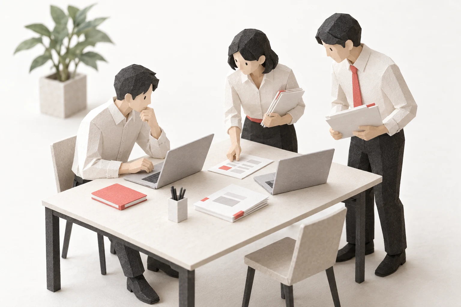 資料とPCを囲み、AI活用を学ぶ様子を表した生成イラスト